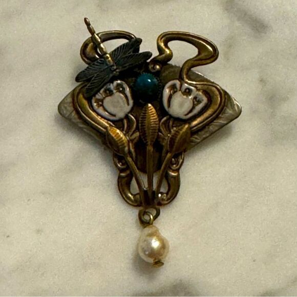 Art Nouveau Enamel Pearl Malachite Floral Pin Brooch - Picture 1 of 2